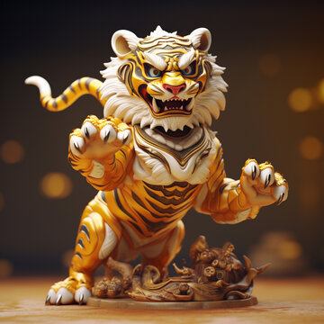 3D mock-up of tiger fighter cartoon character radiates with perfect lighting, featuring golden tones and themes. This powerful and beautiful character exudes aura of anger. Generative AI.