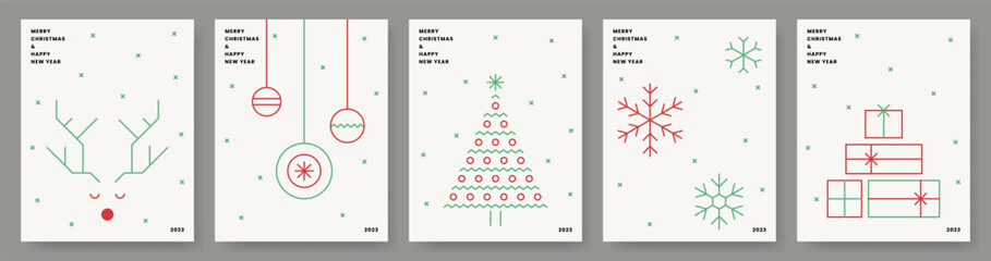 Merry Christmas, Happy New Year banner set. Greeting card, Holiday cover. Green red color xmas design, copy space. Tree, Ball, Gift, Reindeer, Snowflake element. Trendy style vector line illustration. - 675645021