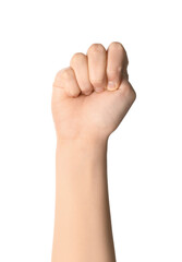 Woman with clenched fist on white background. Domestic violence concept