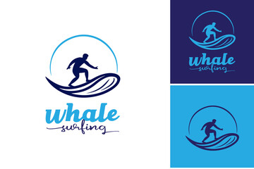 Whale Surfing logo design template. A dynamic and playful design showcasing a man riding a wave while a whimsical whale surfs alongside.