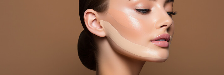 Close-up of woman applying foundation on cheeks