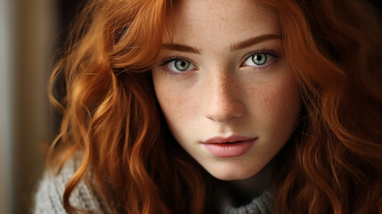 Naklejka premium Close-up portrait of young woman with freckles is looking at camera