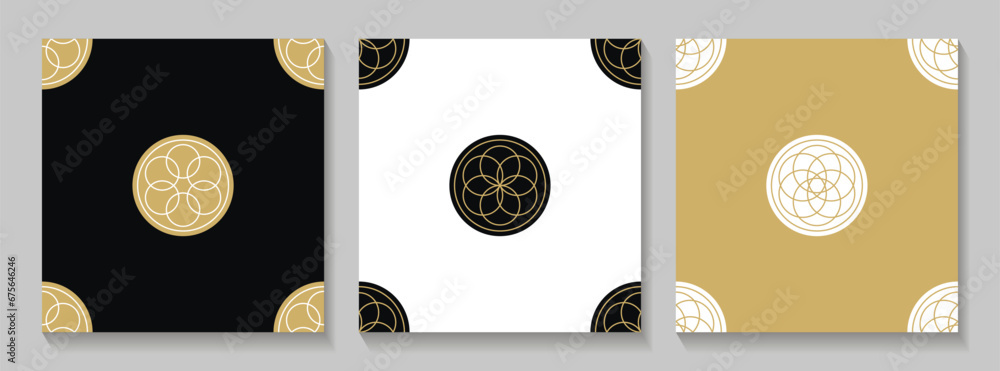 Poster oriental templates with logos. seamless gold patterns set. vector brochures.