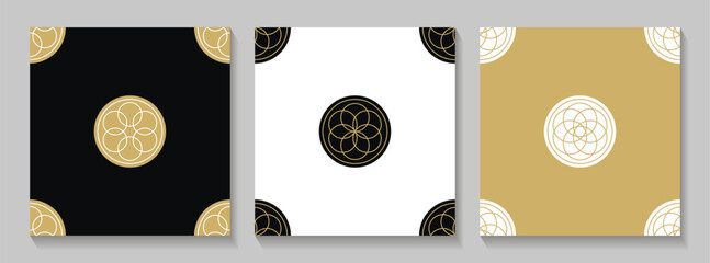 Oriental templates with logos. Seamless gold patterns set. Vector brochures.