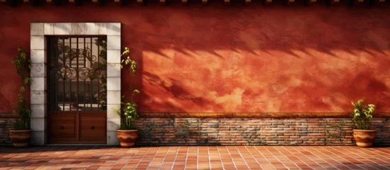 Foto op Canvas The vintage Spanish house showcased an abstract pattern of brick and pavement with a retro design that accentuated the textured wall and highlighted the abstract background of the construct © TheWaterMeloonProjec