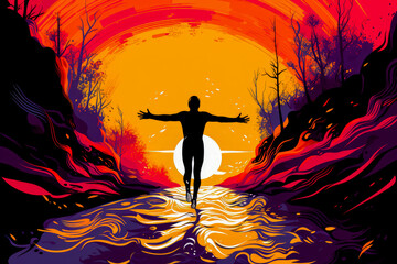 Naklejka premium Silhouette of a woman on a beach at sunset,