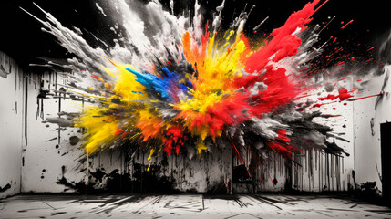 abstract explosion of colored paint on a white background.