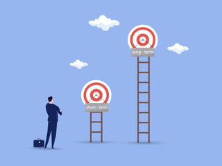 Financial goals, long term and short term. intermediate goals. basis of a holistic financial plan. Financial risk management. Businessman is deciding short term and long term business goals.