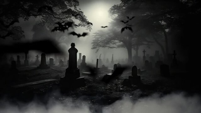 spooky cemetery inside forest with smoke and fireflies