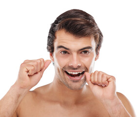 Portrait, dental and man flossing teeth, mouth or cleaning tooth enamel, plaque or gums on...