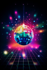 Discokugel mit bunten Discolichtern und Lichteffekten in Neonfarben und mit Platz f&uuml;r Text. Hochformat. Hochkant. Generative Ai.