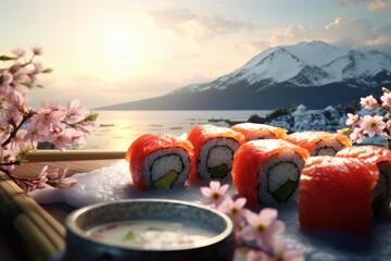 Sushi Advertising Background, Japanese Food Sushi Roll with Salmons. Maki Sushi Rolls