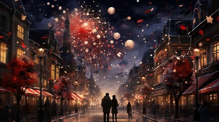 A pair of adoring entities share sweet kisses beneath the starry canvas of the night sky, welcoming the new year amidst a jubilant street celebration. - obrazy, fototapety, plakaty