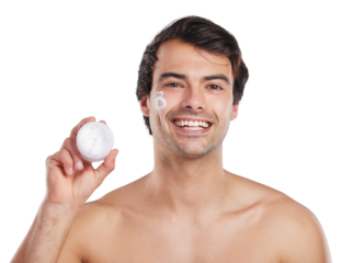 Skincare, portrait and happy man with cream container, lotion or beauty product for morning routine, self care or acne protection. Face hydration, moisturizer and model on transparent, png background