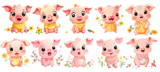 set of cute pig Sticker Clipart Illustration on transparent isolated Background, png, generated ai