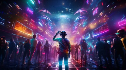 Neon-colored avatars dance to the DJ's beats, creating a vibrant atmosphere on new year's night.