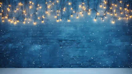 blue brick wall with christmas lights hanging over it - obrazy, fototapety, plakaty