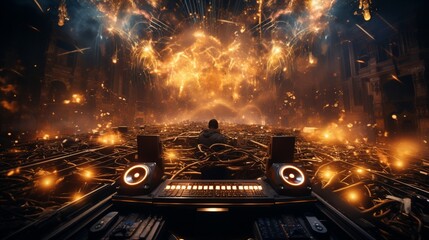 the DJ's music becomes the anthem of an epic new year's celebration. - obrazy, fototapety, plakaty