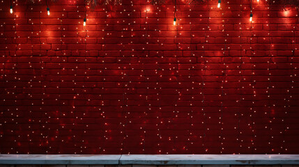 red brick wall with christmas lights hanging over it - obrazy, fototapety, plakaty