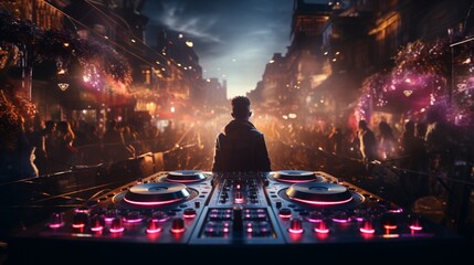 the DJ's music becomes the soundtrack to an epic new year's celebration. - obrazy, fototapety, plakaty