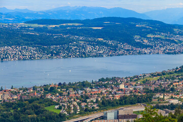 Aerial panorama of Zurich city and Lake Zurich from the Uetliberg mountain, Switzerland