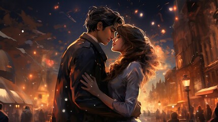 Two romantic figures steal kisses beneath a brilliant night sky, celebrating the new year's arrival while surrounded by a lively street festival.