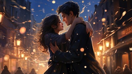 Underneath the vast expanse of stars, a couple expresses their love with stolen kisses as they join the revelry of a crowded street welcoming the new year.