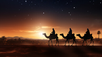 The three Biblical Wise Men going to Bethlehem to see the birth of the baby Jesus of Nazareth - obrazy, fototapety, plakaty
