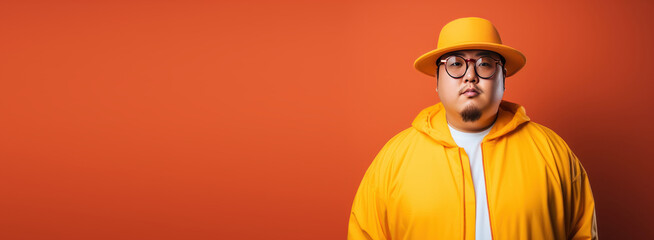 Portrait of overweight man standing on bright colors banner with copyspace. Chubby man model in trendy fashion