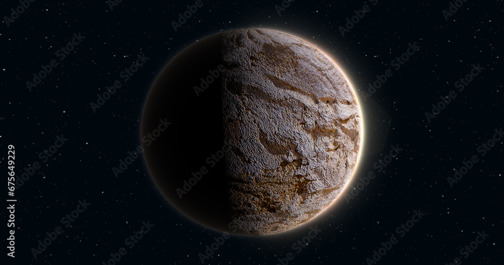 Poster abstract realistic space planet round sphere with a stone relief surface in space against the backgr