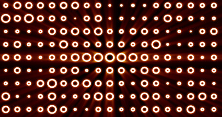 Abstract background of bright orange yellow glowing light bulbs from circles and dots of energy magic disco wall