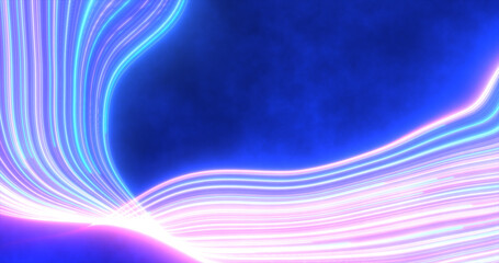 Abstract bright blue purple glowing flying waves from twisted lines energy magical background