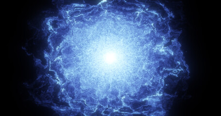 Abstract glowing blue futuristic energy dust with waves of magical energy particles on a dark blue background