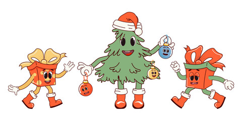 Christmas tree and gifts running towards it. Retro character in cartoon fashionable groovy style. The atmosphere is from the 60s and 70s. Merry Christmas and Happy New Year. Vector illustration