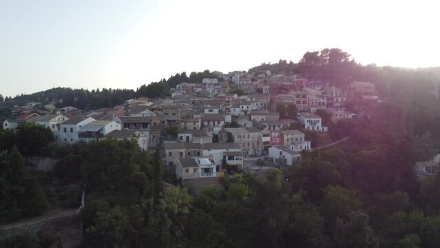 Aerial view of Chlomos village houses in Corfu, Greece