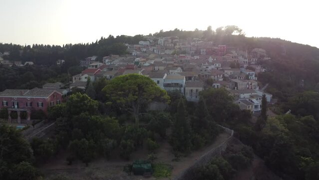 Aerial view of Chlomos village houses in Corfu, Greece