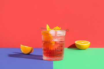 Glass of cold Negroni cocktail and orange on color background