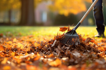 The photoshoot of a person is using the stainless garden rake to sweep and clean orange and brown autumn leaves in the garden. Generative AI. - obrazy, fototapety, plakaty