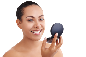 Happy, woman and makeup mirror with face powder with skincare cosmetics and skin glow. Smile, relax female person and dermatology care with beauty tool isolated on a transparent, png background