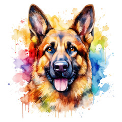 Watercolor Splash German Shepherd Portrait. German Shepherd Dog Clipart. Dog Watercolor Illustration.