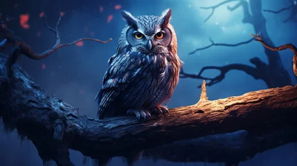 Foto op Canvas An owl on a tree branch night background © Sameera Sandaruwan