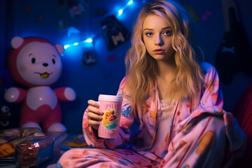Obraz na płótnie Canvas beautiful girl in pajamas drinking tea in bed at night