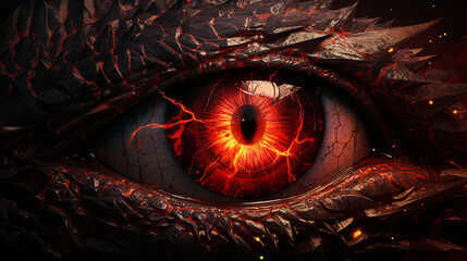 Huge eye red dragons with black narrow pupil - obrazy, fototapety, plakaty