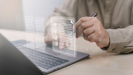 Businessman Document management check electronic documents on digital documents on virtual screen Document Management System and process automation to efficiently document paperless operate.