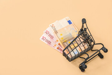 Small shopping cart with money on beige background