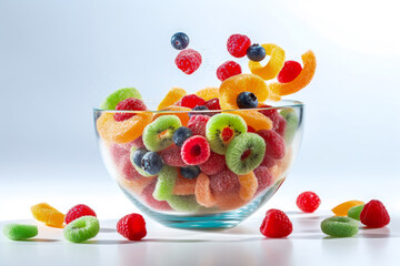 Mixed fruit jelly candies in glass bowl on white background.