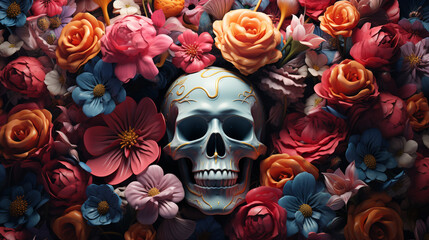 There is a skull with flowers on it and a black background 