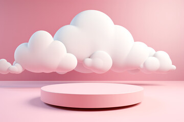 3D Pink Podium with Cute Cloud Space Background