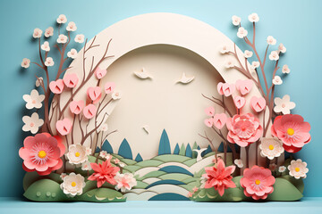 Fototapeta na wymiar Stand Podium Display with Beautiful Blossom Plants in Springtime Paper Cut Style