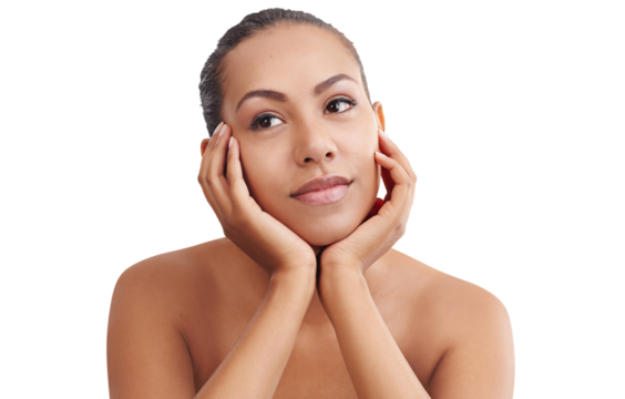 Thinking, skincare and face of woman with beauty on isolated, png and transparent background. Dermatology, wondering and person with cosmetics for facial treatment, salon aesthetic and wellness